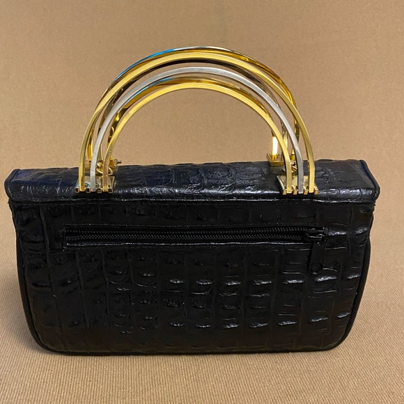 Joy Brandy Exotic Crocodile Patent Leather Satchel Clutch Goldtone Handles small - Picture 3 of 9